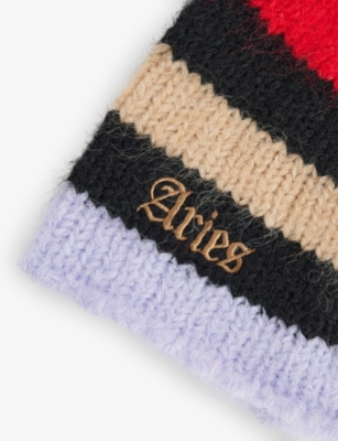 ARIES: Striped Logo-Embroidered Knitted Beanie