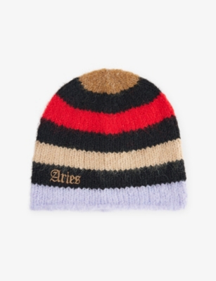 Aries Mens Striped Logo-embroidered Knitted Beanie Multi In Multi