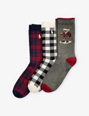 Polo Ralph Lauren Grey H/ivory/black Boys' Pack Of Three Polo Bear Cotton-blend Sock In White