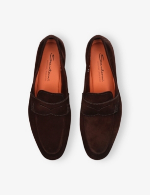 Santoni Mens Dark Brown Carlo Suede Penny Loafers Eur 44 / 10 Uk In Brown