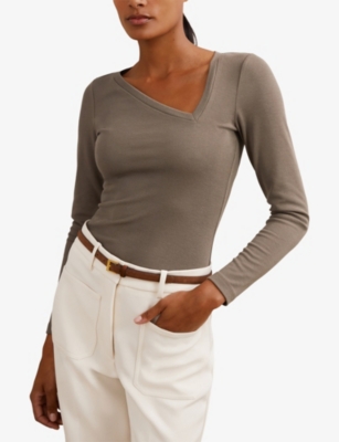 Reiss Womens  Felicity Asymmetric-neck Stretch-cotton Top In Gray