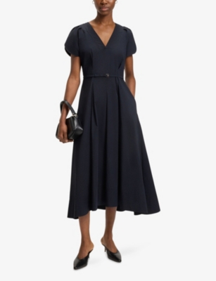 Hugo Boss Womens Dark Blue V-neck Belted-waist Cotton-blend Midi Dress In Blue