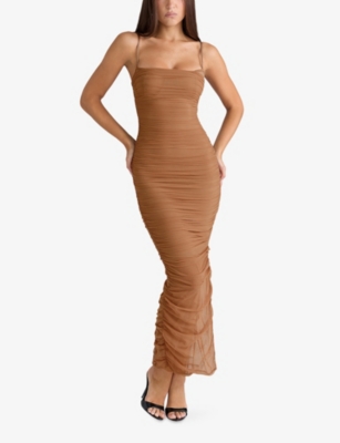 House Of Cb Womens Tan Fornarina Ruched Stretch-mesh Maxi Dress In Neutral