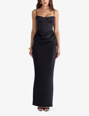 House Of Cb Womens Black Valentina Draped Corset Satin Maxi Dress In Black