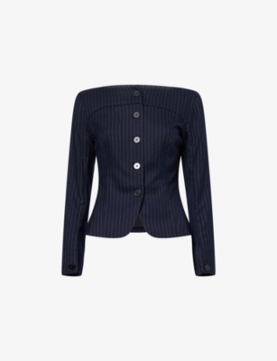 PEACHY DEN: Bardot Tailored Striped Stretch-Woven Top