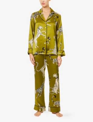 OLIVIA VON HALLE: Lila Chanson Leopard-Print Silk Pyjama Set