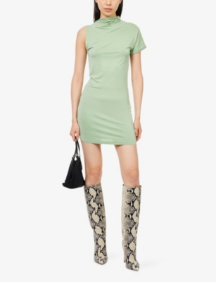 Represent Womens Forest Shade Shadow Asymmetric-sleeve Stretch-jersey Mini Dress In Green