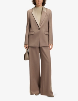 Hugo Boss Womens Open Brown Colour-block Lapel Single-breasted Virgin-wool Blazer In Brown