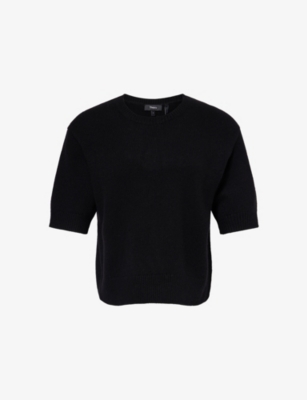 Theory Womens Black Cropped Short-sleeve Cashmere T-shirt In Black