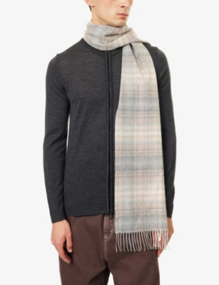 Johnstons Of Elgin Mens Natural Soft Blur Check Cashmere Scarf In Gray