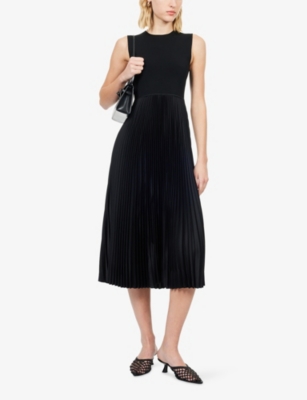 Theory Womens Black Pleated Sleeveless Stretch-woven Midi Dress Xs In Black