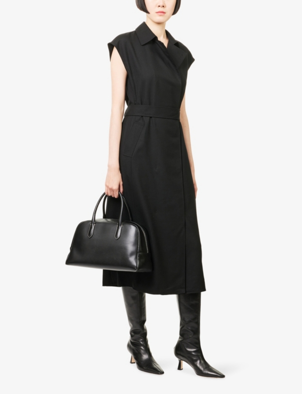 Belted Cap-Sleeves Stretch-Woven Midi Dress