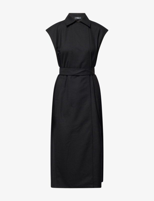 Belted Cap-Sleeves Stretch-Woven Midi Dress