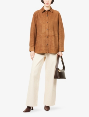 Theory Womens Deep Tobacco Relaxed-fit Long-sleeves Suede Shirt In Brown