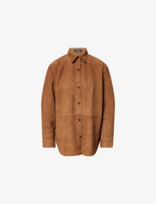 Theory Womens Deep Tobacco Relaxed-fit Long-sleeves Suede Shirt In Brown