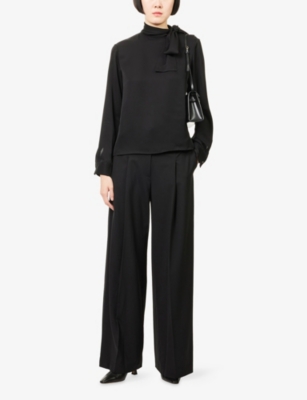 Theory Womens Black Pleated Wide-leg Wool Trousers In Black
