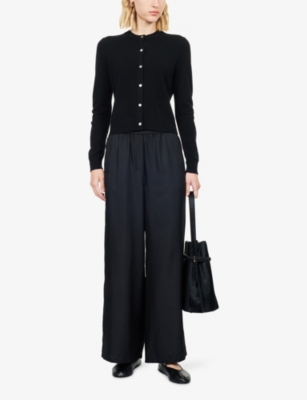 Theory Womens Black Elasticated-waist Wide-leg Silk Trousers In Black