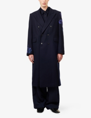 Dries Van Noten Mens Navy Rodgers Embroidered Wool Coat In Blue