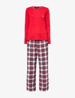 Ralph Lauren Womens Ivory Plaid Crew Plaid Long-sleeve Fleece Pyjama Set Xl In Multi