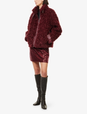 Amy Lynn Womens Celeste Funnel-neck Faux-shearling Coat Burgundy In Burgundy