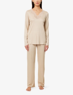 Hanro Womens Coffee Quartz Lilith Embroidered-v-neck Woven Pyjama Set In Brown