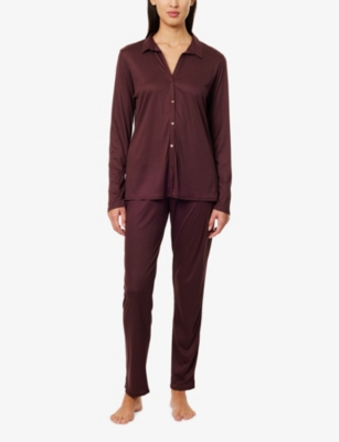 Hanro Womens Vivid Brown Grand Central Long-sleeves Woven Pyjama Top