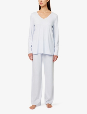 HANRO: Satin-Trims Long-Sleeves Cotton-Jersey Pyjama Set