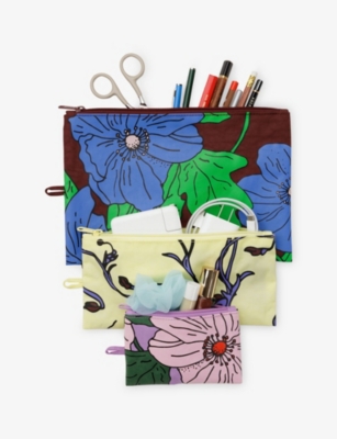Baggu Womens  Poppy-print Flat Woven Pouch Set Of Three