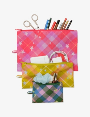 Baggu Womens  Plaid-print Flat Woven Pouch Set Of Three