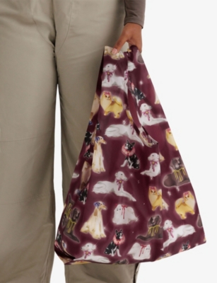 Baggu Fancy Dog-print Woven Tote Bag In Burgundy