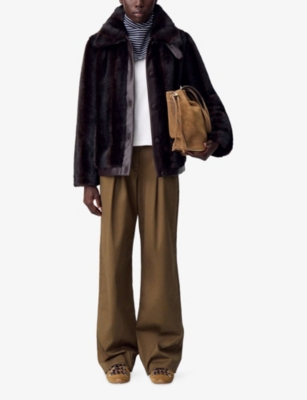Claudie Pierlot Womens Collared Contrast-trim Faux-fur Coat Dark Brown In Brown
