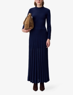 Claudie Pierlot Womens Navy Pleated Round-neck Knitted Maxi Dress In Blue