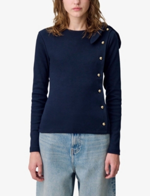 Claudie Pierlot Womens Navy Button-embellished Slim-fit Stretch-cotton T-shirt In Blue