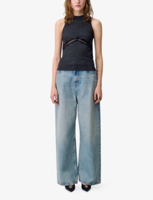 Claudie Pierlot Womens Black Sleeveless Lace-embroidered Stretch-knit T-shirt In Black