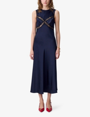 Claudie Pierlot Womens Sleeveless Lace-appliqué Satin Midi Dress Navy In Blue