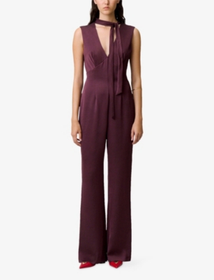 Claudie Pierlot Womens Aubergine Sleeveless Tie-neck Satin Jumpsuit In Burgundy