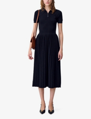 Claudie Pierlot Womens Pleated-skirt Stretch-knit Midi Dress Black In Black