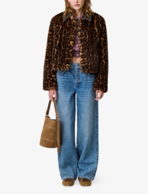 Claudie Pierlot Womens Collared Leopard-print Faux-fur Coat In Brown