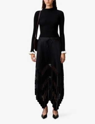 Claudie Pierlot Womens Black Pleated Lace-embroidered Satin Midi Skirt In Black