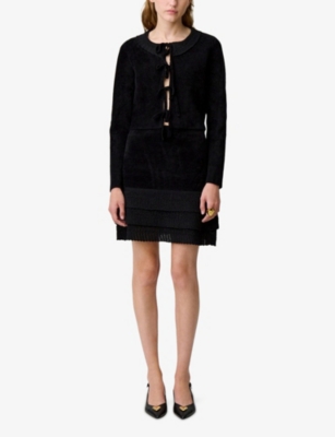 Claudie Pierlot Womens Black Ruffled Elasticated-waist Stretch-velvet Mini Skirt In Black