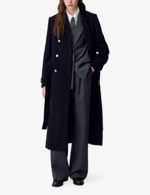 Claudie Pierlot Womens Black Belted-waist Double-breasted Wool-blend Coat In Black