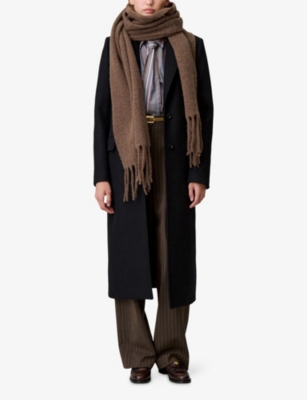 Claudie Pierlot Womens Brown Fringed Logo-tag Wool And Alpaca-blend Scarf In Brown