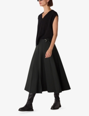 Whistles Womens Black Buckle-embellished Pleated Stretch Wool-blend Midi Skirt In Black