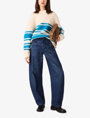 Maje Womens Ecru / Turquoise Striped Relaxed-fit Wool-blend Jumper In Neutral