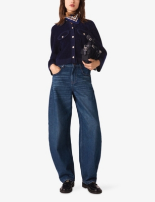 Maje Womens Navy Button-down Cropped Stretch-velvet Jacket In Blue