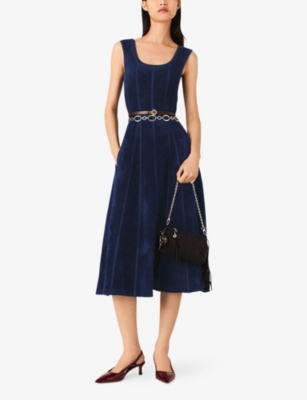 Maje Womens Navy Round-neck Flared-skirt Stretch-velvet Midi Dress In Blue