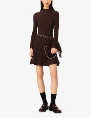 Maje Womens Dark Brown Pleated High-neck Stretch-knit Mini Dress In Brown