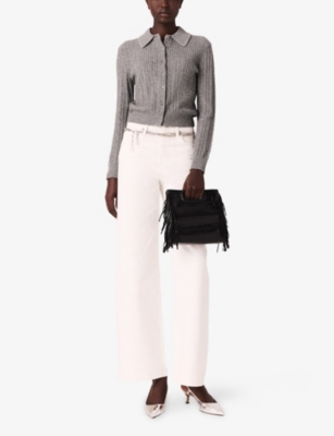 MAJE: Rhinestone-Collar Slim-Fit Wool Cardigan