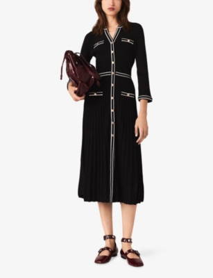 Maje Womens Pleated V-neck Stretch-knit Midi Dress Black In Black