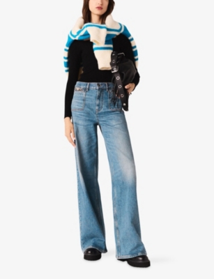 Maje Womens Blue Flared Chain-embellished Stretch-denim Jeans In Blue